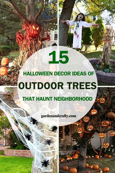 15 Spooktacular Halloween Decoration Ideas for Outdoor Trees Amazing Outdoor Halloween Decorations, Halloween Yard Tree Decorations, Halloween Outside Tree Decorations, Halloween Outdoor Bush Decorations, Diy Tree Halloween Decor, Halloween Decorations For Trees Outside, Halloween Outdoor Tree Decor, Halloween Decor Tree Outdoor, Halloween Decorations Tree Outdoor