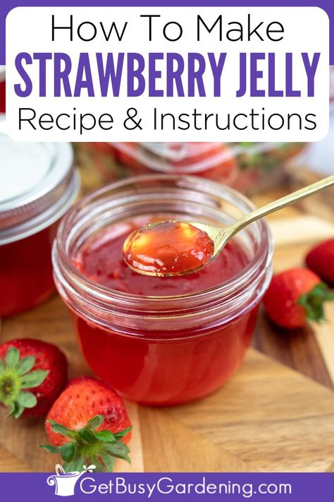 a tiny glass mason jar with strawberry jelly inside with a gold spoon Strawberry Jelly Recipe Canning, Homemade Strawberry Jelly, Strawberry Jelly Recipe, Strawberry Jelly Recipes, Toast Dessert, Sandwiches Breakfast, Canning Jam Recipes, Diy Jelly, Canned Strawberries