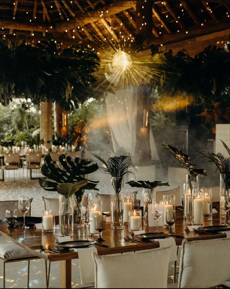 Jungle Chic Wedding, Tropical Desert Wedding, Tulum Wedding Invitations, Dark Tropical Wedding, Tulum Garden, Wedding Table Lighting, Mexican Inspired Wedding, Jungle Wedding, Tropical Wedding Inspiration