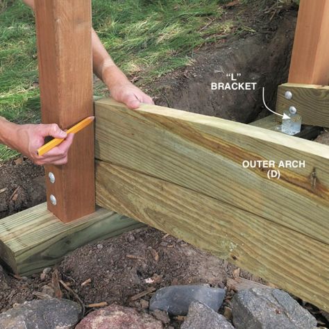 Classic Arched Backyard Bridge (DIY) | Family Handyman Outside Handrails, Backyard Bridge, Arched Garden Bridge, Yard Bridge, Garden Bridge Design, Backyard Bridges, Backyard Stream, Pond Bridge, Garage Pergola