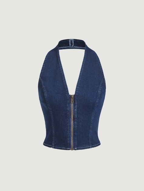 Zip Up Halter Neck Backless Denim Top Denim Top Outfit, Denim Halter Top, Street Style Outfits Casual, Denim Top Women, Denim Corset Top, Moda Denim, Denim Crop Top, Denim Corset, Denim Diy