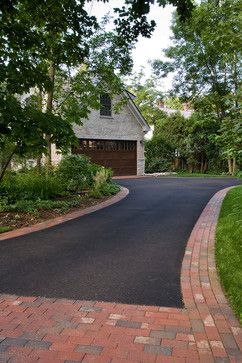 asphalt and brick lined driveway House Driveway, Garden Landscaping Design, Garden Landscaping Design Ideas, Driveway Edging, Driveway Garden, Driveway Entrance Landscaping, Chicago Landscape, Modern Driveway, Brick Driveway