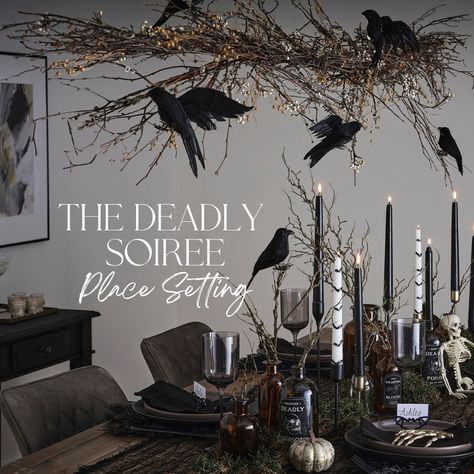 Celebrate Halloween by throwing a deadly soiree. These place settings are perfect for creating a luxury halloween dinner party. You can buy these individually or as part of a tablescape, Place Setting Black Foliage PlacematFine Diamond Black and Gold PlateBlack NapkinAubergine Drinking GlassMini Orange PumpkinBat Place Name If you are purchasing the deadly soiree tablescape and need additional place settings, these are the ones that match. TO GUARANTEE HALLOWEEN DELIVERY ORDER BY 1PM MONDAY 30th Twig Garland, Spooky Dinner, Halloween Girlande, Gothic Party, Table Halloween, Halloween Tablescape, Witch Party, Classy Halloween, Halloween Party Dinner