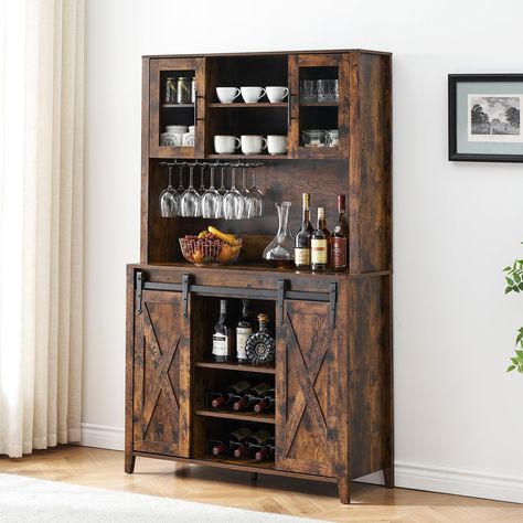 PRICES MAY VARY. 【Farmhouse Bar Cabinet with Sliding Barn Door】Featuring two flexible sliding barn doors, this rustic wine cabinet provides easy access to storage while saving space. The sliding door with farmhouse sign create an elegant, farmhouse ambiance in your living space. Flexibly use it as a alcohol cabinet, kitchen pantry, china cabinet, coffee bar station, microwave stand, kitchen cupboard, credenza, storage cabinet. 【Ample Storage Space】This kitchen cabinet consists of a buffet and up China Cabinet Coffee Bar, Tall Buffet Cabinet, Rustic Buffet Cabinet, Rustic Wine Cabinet, Cupboard For Kitchen, Alcohol Cabinet, Dining Room Brown, Cabinet Coffee Bar, Rustic Buffet