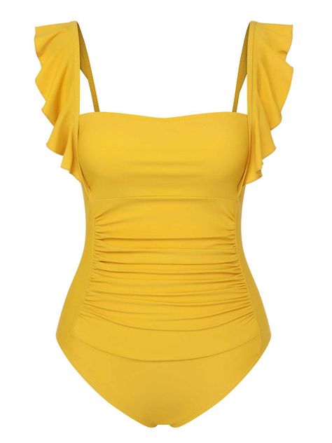 1950s Ruffles Backless Solid One-Piece Swimsuit 1950s Swimsuit, Swimsuit Yellow, Retro Clothes, Retro Swimwear, Women's Swimsuit, Yellow Swimsuits, Standard Dress, Backless Design, Swim Wear