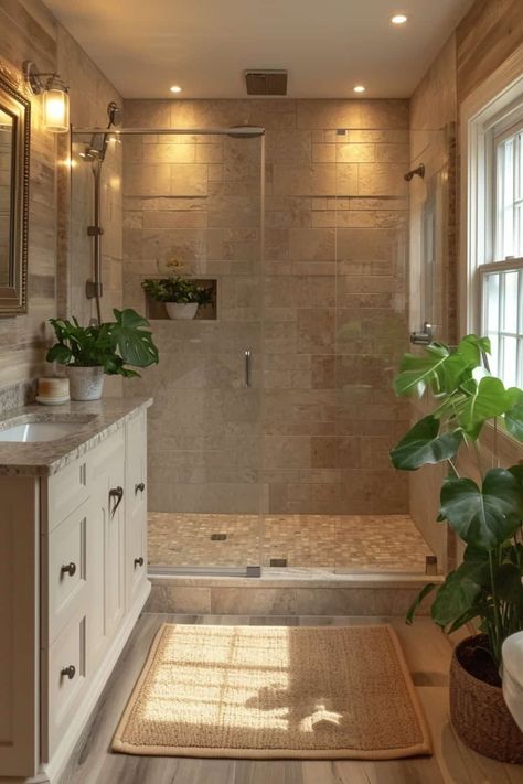 19 Walk In Shower Small Bathroom Ideas: Where Elegance Meets Efficiency | DIY Vibes Master Shower Walk In, Curbless Shower Ideas Walk In Farmhouse, Rustic Stand Up Shower Ideas, Tan Shower Bathroom Ideas, Tiled Showers Walk In, Walk In Shower No Door Rustic, Bathtub In Shower Walk In, Easy To Clean Shower Design Walk In, Walk In Shower Bathroom