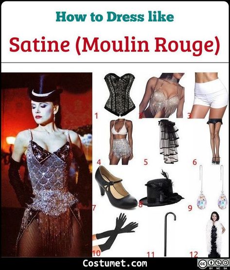 Satine from Moulin Rogue costume is a sparkling corset top, a shiny crystal skirt, a black train, a top hat, long satin gloves, crystal earrings, net stockings, and Mary Jane shoes.           #Female #movies #female #musician #sexy #MoulinRouge #dancer #French #NicoleKidman Nicole Kidman Moulin Rouge Costume, Satine Moulin Rouge Halloween Costume, Moulin Rogue Costume, Satine Costume Moulin Rouge, Moulin Rouge Outfits Burlesque, Moulin Rouge Costumes Halloween, Moulin Rouge Outfits Ideas, Moulin Rouge Halloween Costume, Moulin Rouge Outfits Dresses