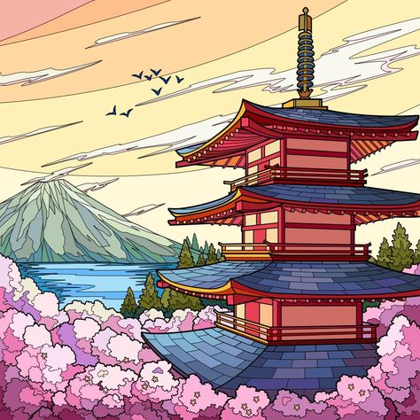 Japan Landscape Illustration, Japan Aesthetic Illustration, Japan Scenery Drawing, Japanese Castle Drawing, Japanese Drawing Aesthetic, Japan Landscape Drawing, Japan Drawing Easy, Japan City Drawing, Japan Aesthetic Drawing