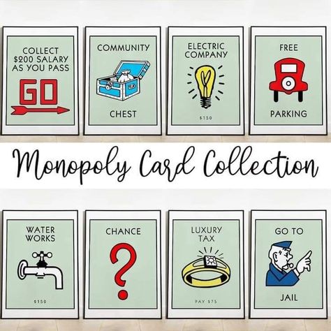 Monopoly Decor, Monopoly Costume, Cool Game Room, Monopoly Poster, Board Game Wall, Dorm Hallway, Monopoly Theme, Monopoly Cards, Monopoly Party