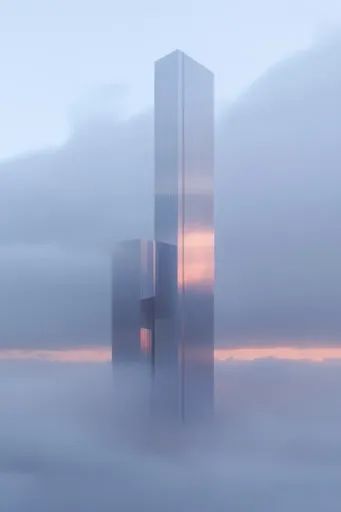 ↑↑↑ Larger size on website 🔸 A tall, slender skyscraper pierces the clouds. The building is made of reflective glass, reflecting  🔸 From Midjourney AI Image Misty Landscape, Glass Building, Small Buildings, Storm Clouds, The Mist, The Fog, Frank Ocean, Purple Hues, Image Generator