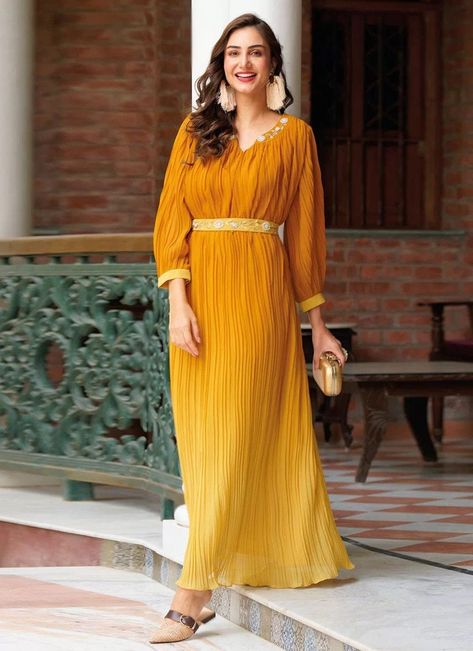 Long Gown Indian, Party Wear Long Gowns, Haldi Dress, Silk Fabric Dress, Gown Indian, Gown Party Wear, Designer Gown, Saree Embroidery, Fancy Gowns