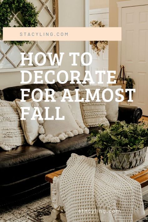 How to Decorate for Almost Fall, summer decor, fall decor, fall decoration, summer decoration, farmhouse style, dark brown leather sofa, dark brown leather couch, throw pillows, cozy home, neutral decor, woods and white, modern farmhouse style Leather Couch Throw Pillows, Dark Brown Leather Couch, Early Fall Decor, Dark Leather Couches, Dark Brown Leather Sofa, Home With Garden, Dark Brown Sofas, Throw Pillow Ideas, White Modern Farmhouse