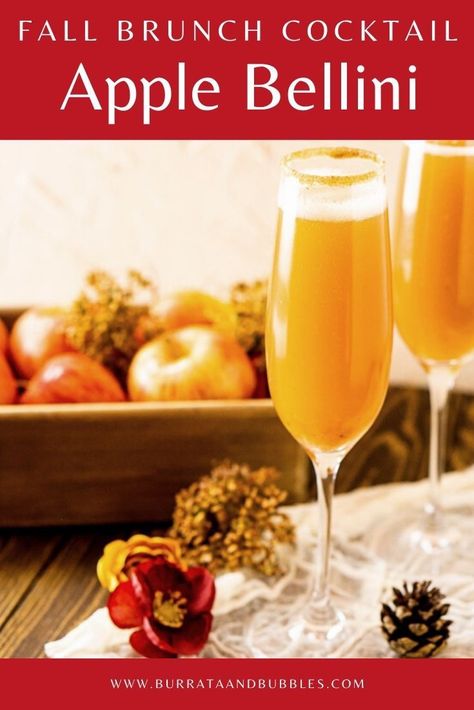 Looking for fall brunch ideas? Try this sparkling apple Bellini! This fall Bellini recipe is made with creamy apple butter, a touch of cinnamon and sparkling prosecco. You'll love this fall brunch cocktail for any occasion, especially Thanksgiving brunch. #applebellini #applemimosa #fallcocktails #applebuttercocktail #thanksgivingbrunch #fallbrunchideas #fallbrunchcocktails Apple Bellini, Bellini Recipe, Thanksgiving Brunch, Fall Brunch, Peach Puree, Easy Cocktail, Beverage Recipes, Brunch Cocktails, Fall Cocktails