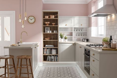 51 Inspirational Pink Kitchens With Tips & Accessories To Help You Design Yours Pink Kitchen Designs, Wren Kitchens, Pink Kitchen Decor, Wren Kitchen, Серая Кухня, Kitchen Planner, Kabinet Dapur, Breakfast Bar Kitchen, Shaker Style Kitchens