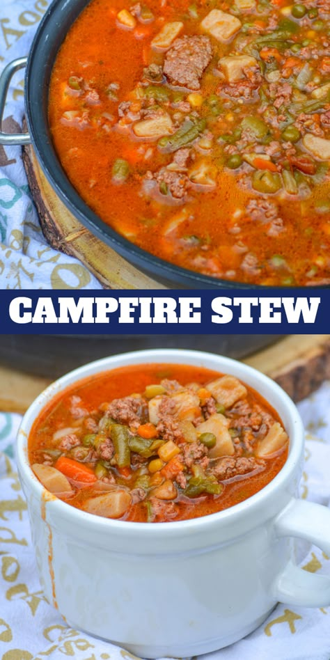 Stew is good, it's comforting, and evokes such great wonderful feelings- it doesn't have to be hard to whip together though, even on a camping trip. With three different preparation methods, this 4 ingredient Campfire Stew is a cozy, hearty (quick and easy) beef & vegetable stew, with options! via @4sonrus Camp Stew Recipe, Camping Stew, Camp Stew, Beef Vegetable Stew, Campfire Stew, Chicken Tikka Masala Recipes, Ground Beef And Potatoes, Camping Dinners, Easy Camping Meals