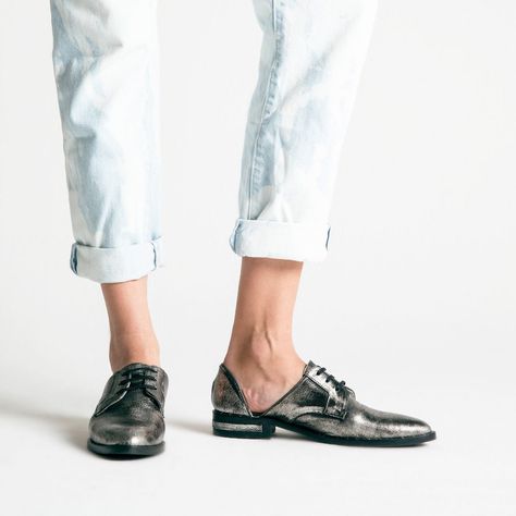 Anthracite metallic d'orsay flats from Freda Salvador Ethical Shoes, Shoe Story, Freda Salvador, Oxford Flats, Statement Shoe, Women's Footwear, Golden Goose Sneaker, Chunky Heels, Italian Leather