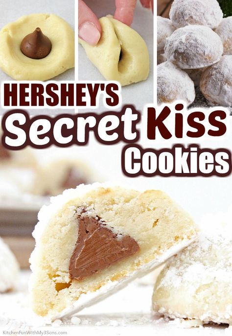 Hershey's Secret Kiss Cookies combine a wonderful cookie dough, with a little chocolate surprise in the center, that just melts in your mouth. Secret Kiss Cookies, Hershey Kisses Recipes, Kiss Cookie Recipe, Chocolate Kiss Cookies, Hershey Kiss Cookies, Christmas Cookie Recipes Holiday, Holiday Desserts Table, Kiss Cookies, Xmas Cookies