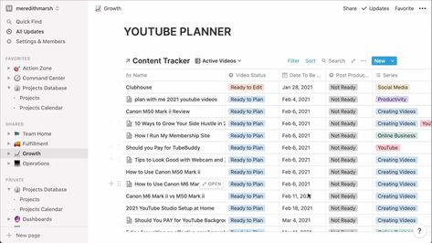 My YouTube content planner inside Notion Youtube Planner Notion Template, Content Notion Template, Content Planner Notion Template, How To Plan Youtube Content, Content Calendar Notion, Notion Content Creator, Content Creation Notion Template, Notion Youtube Planner, Social Media Content Planner Notion