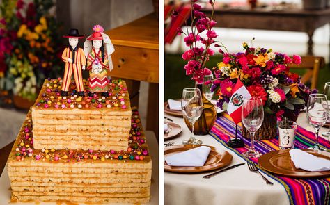 Peruvian Table Decor, Peruvian Wedding Cake, Peruvian Wedding Ideas, Peruvian Party Decorations, Peruvian Wedding Decorations, Bolivian Wedding, Peru Decor, Peruvian Party, Peruvian Wedding