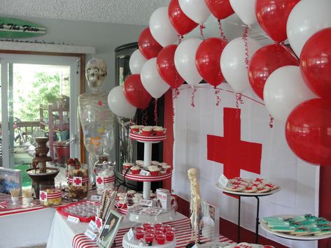 Dessert table  I like the backdrop Nursing Graduation Party Ideas, Nurse Games, Nurse Grad Parties, Nurse Graduation Party Decorations, Medical Party, Doctor Party, Nursing School Graduation Party, Nurse Party, Pinning Ceremony