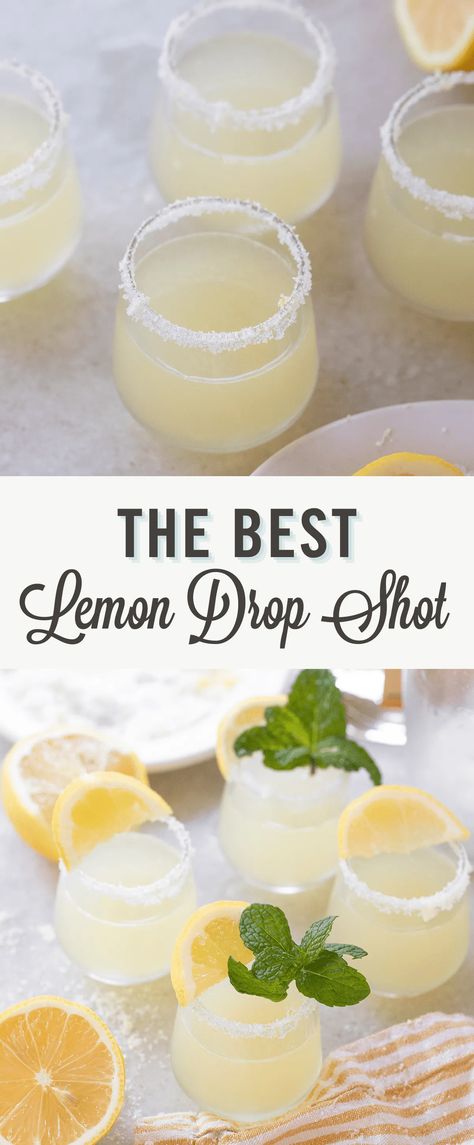 This lemon drop shot is a delicious and refreshing cocktail with just the right balance of sweetness, tartness, and smoothness. Similar to our lemon drop martini, this drink is made with a simple combination of lemon juice, vodka, and simple syrup. #lemondropshot Lemon Drop Drink Recipe, Lemon Drop Cocktail Recipe, How To Make A Lemon Drop, Lemon Shots Alcohol, Lemon Drop Recipe Drinks, Lemon Drop Shots Big Batch, Lemon Drop Shots Recipe, Lemon Drops Drink Recipe, Lemon Drop With Tequila