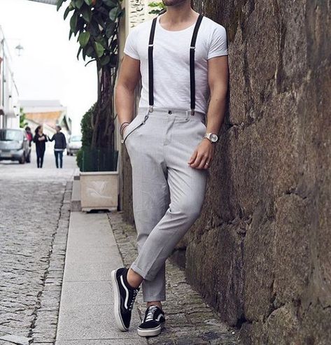 Street wear, white tee, suspender, jeans, sneaker Casual Suspenders Outfit, Street Wear Ideas, How To Wear Suspenders, Outfits With Suspenders, Weekend Outfit Fall, Mens Casual Wedding Attire, Suspender Jeans, Men's Summer Outfit, Casual Wedding Attire