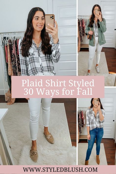 Plaid Shirt Business Casual, Plaid Shirt Styles For Women, Jeans Plaid Shirt Outfit, Fall Outfits Plaid Shirt Flannels, Ways To Wear Flannel Shirt Outfits, How To Wear Buffalo Plaid Shirt, Plaid Shirt Jeans Outfit, How To Style Plaid Shirts Long Sleeve, Styling Plaid Shirts Women