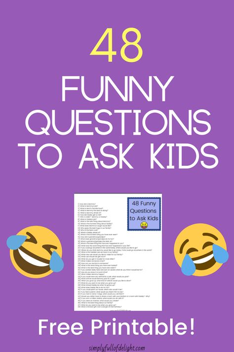 Bring some laughter to your day with these 48 Funny Questions to ask kids! Perfect for making memories and sharing a laugh with your child. Questions To Ask Your Kindergartener, 100 Questions To Ask Your Kids, Questions To Ask Kindergarteners, Questions To Ask Grandchildren, Kids Interview Questions, New Years Questions For Kids, Questions For Grandkids, Dinner Questions For Kids, Questions To Ask Your Grandkids