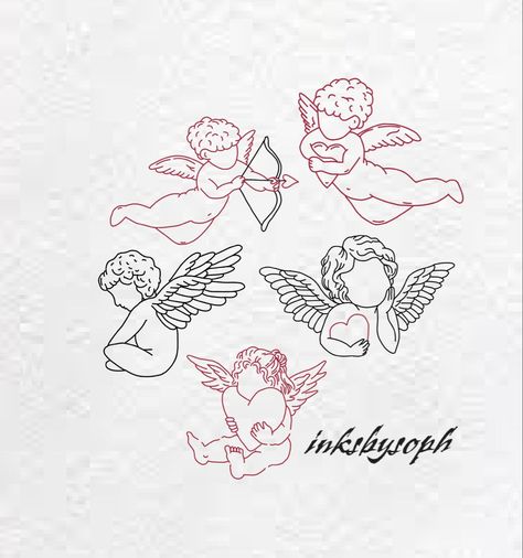 Cupid Matching Tattoo, Cherub Flash Tattoo, Cherub Holding Heart Tattoo, Minimalistic Angel Tattoo, Baby Angles Tattoos, Simple Cherub Tattoo, Angel Fine Line Tattoo, Two Angels Tattoo, Cupid Tattoo Design