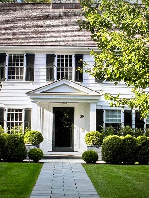 White House With Black Shutters, White Colonial Exterior, Colonial Exterior Paint Colors, Colonial Home Landscaping, Modern Colonial Exterior, White House Black Shutters, Colonial Landscaping, Traditional Exterior Homes, White Colonial