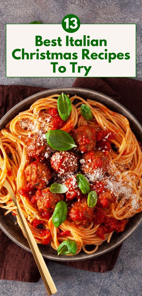 A plate of Italian spaghetti and meatballs topped with marinara sauce, grated Parmesan cheese, and fresh basil leaves. The rich red sauce and green basil provide a festive Christmas touch, perfect for holiday dinners. This image highlights traditional Italian Christmas recipes, showcasing authentic flavors and vibrant presentation to inspire holiday meal planning. Italian Christmas Meal Ideas, Traditional Christmas Meal Ideas, Christmas Eve Italian Dinner, Italian Christmas Menu Ideas, Italian Christmas Dinner Menu Ideas, Italian Christmas Dinner Traditional, Christmas Main Meal, Christmas Table Food, Easy Dishes To Make