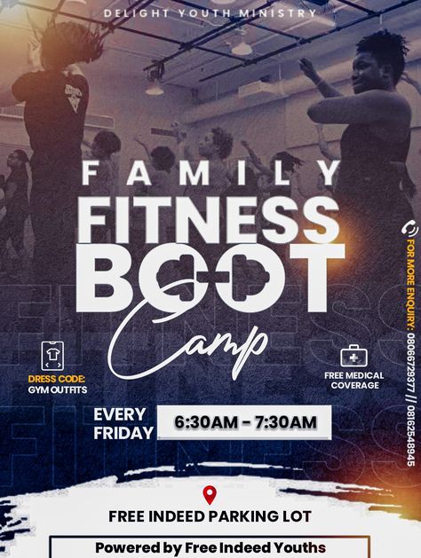 Fitness bootcamp Bootcamp Poster, Fitness Bootcamp, Marketing Project, Groups Poster, Gym Photos, Boot Camp Workout, Family Fitness, Free Medical, Youth Ministry