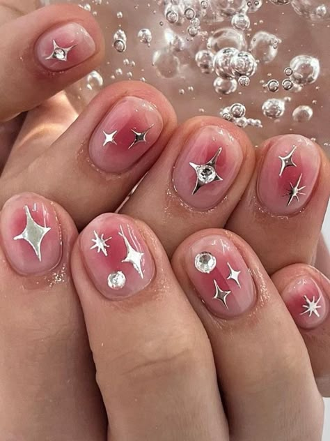 Korean pink blush nails with chrome sparkles Korean Short Gel Nails, Japanese Hard Gel Nails, Short Nails Korean Style, Short Nails Charms, Korean Nail Art Short Nails, Short Japanese Nails, Nail Ideas With Charms, Blush Nails Korean, Korean Short Nails