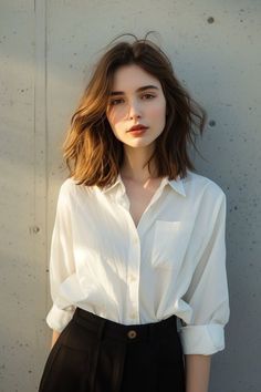 Minimalist Clothes Women, Western Hairstyle, Beard Photography, Minimalist Portrait, Layered Haircuts For Medium Hair, Shoulder Length Hair Cuts, Haircuts For Medium Hair, Black Trousers, Understated Elegance