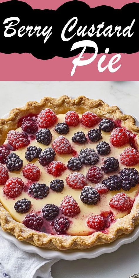 Ingredients: 1 cup baking mix 1 ½ tablespoons white sugar ⅓ cup milk ½ teaspoon lemon zest 1 ½ cups raspberries 1 cup fresh blackberries ½ cup fat-free sour cream 2 egg whites ½ cup white sugar 3 tablespoons all-purpose flour ½ teaspoon ground cinnamon ¼ teaspoon ground nutmeg ½ teaspoon vanilla extract #Berry #Pie #Quickandeasyrecipe Berry Custard Pie, Raspberry Custard Pie, Berry Custard, Raspberry Custard, Mixed Berry Pie, Vegetarian Bake, Berry Pie, Dinner Desserts, Fresh Raspberries