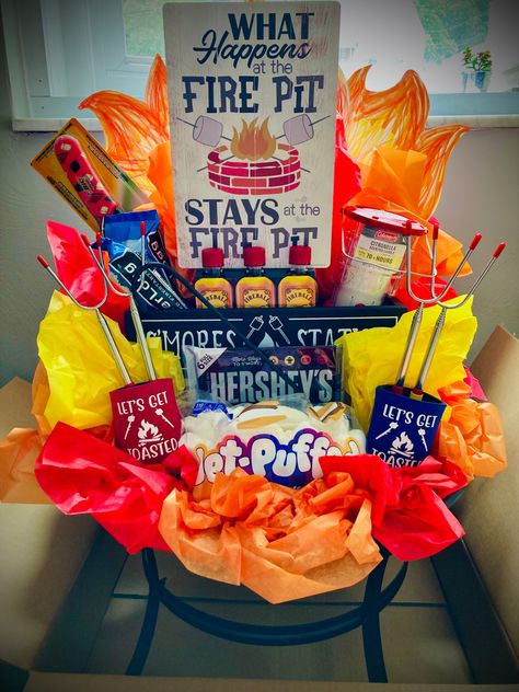 Fire Pit Raffle Basket 🔥🥎 Bonfire Gift Basket, S'more Raffle Basket, Camping Themed Basket, Bonfire Gift Basket Ideas, Smore Gift Basket, Fire Pit Raffle Basket, Smores Raffle Basket Ideas, Campfire Gift Basket Ideas, Fire Pit Basket Ideas