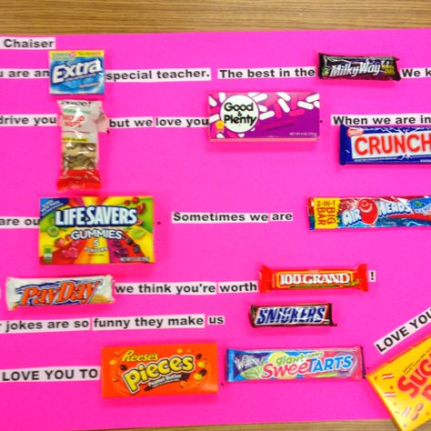 Teacher Appreciation poster using Candy Bars. Ldr Gifts For Him, Candy Poems, Teacher Appreciation Poster, Candy Bar Poster, Christmas Presents For Boyfriend, Boyfriend Things, Candy Card, Candy Bar Posters, Boyfriend Ideas