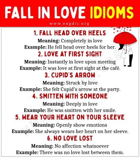 Fall In Love Idioms Idioms With Meanings, Love Idioms, Idioms In English, English 101, Native Speaker, In Denial, Idioms And Phrases, Advanced English, English Vocab