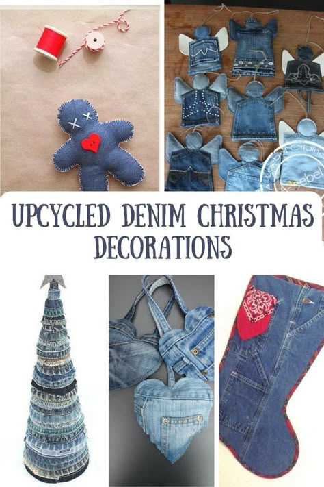 A round up of my favourite 5 upcycled denim Christmas decorations and ornaments. Denim Christmas Ornaments, Återvinna Jeans, Denim Christmas, Repurposed Denim, Diy Christmas Decor, Diy Denim, Blue Jeans Crafts, Jean Crafts, Denim Crafts