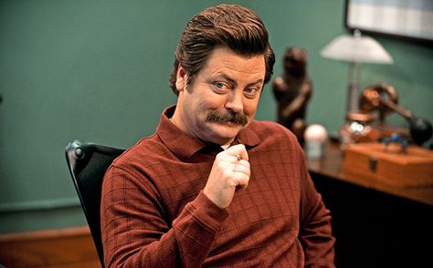 As played by Nick Offerman with deadpan panache, Ron Swanson was one of the most memorable characters on Parks and Recreation: a red-blooded, wood-carving, Scotch-swilling macho man with a heart of gold.  Now amid a contentious presidential election, Offerman has revealed who his on-screen counterpart — a diehard libertarian — would vote for between Hillary Clinton and Donald Trump. Parks And Recs, Nick Offerman, Ron Swanson, The Reunion, Parks N Rec, Memorable Quotes, Parks And Recreation, Tv News, Funny People