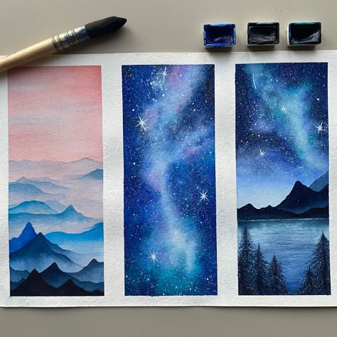 Watercolor Night Sky, Sky Art Painting, Night Sky Painting, Watercolor Sky, Watercolor Paint Set, Watercolor Bookmarks, Sky Painting, Cat Air, Watercolor Art Lessons