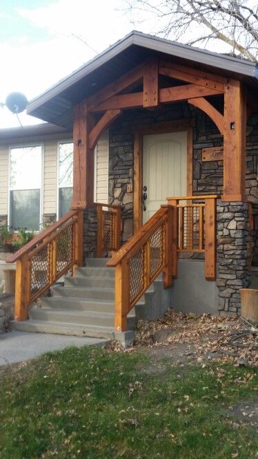 Front Step Handrails, Cedar Handrail Front Porches, Timber Frame Porch Front Entry, Log Handrail, Front Porch With Stone, Farmhouse Patios, Gables On House Exterior, Cedar Front Porch, Cabin Addition