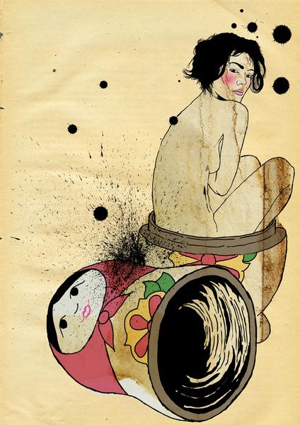 a woman naked into a matryoshka Russian Doll, Doll Art, Art Print, High Quality, Hair, Black, Art