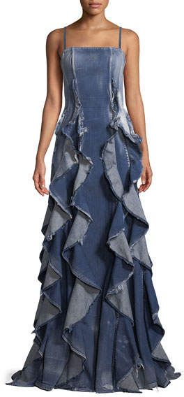 Ralph Lauren Collection Eve Sleeveless Ruffled Denim Evening Gown Dark Mom Jeans, Jean Gown, Ruffle Evening Dress, Denim Formal, Classic Fashion Looks, Denim Blanket, Denim Dress Outfit, Fancy Gowns, Cascading Ruffles