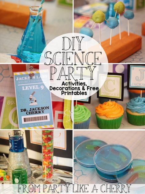 Science Party Snack Ideas, Science Food Party, Science Experiment Party Ideas, Science Themed Food Ideas, Science Lab Birthday Party Ideas, Mad Science Party Food, Science Birthday Party Food Ideas, Science Bday Party Ideas, Science Birthday Party Ideas Decoration