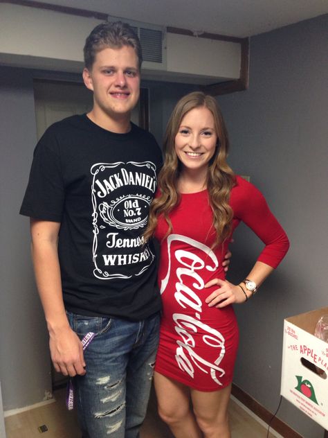 Jack Daniels and Coca Cola #jackdaniels #cocacola #couple #costume #halloweeen #jackandcoke Jack Daniels Costume, Coca Cola Costume, Coke Party, Boo Costume, Jack And Coke, Diy Halloween Costumes For Women, Couple Costume, 50 Birthday, Diy Halloween Costumes Easy