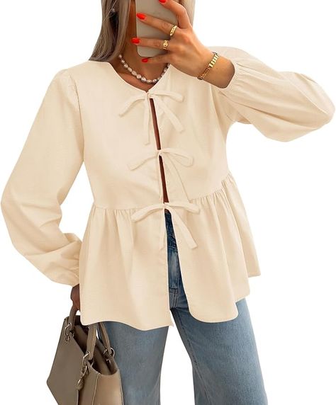 The cutest baby doll tie front top
So many cute neutral colors with this one Fashion Blouses, Peplum Shirts, Front Tie Shirt, Hottest Fashion Trends, Fashion Quotes, Long Puff Sleeves, Fashion Poster, Winter Outfits Women, Dressy Casual