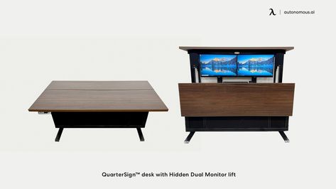 Top 8 Desks That Hide Monitors in 2023 Hide Computer Monitor Home Office, Hidden Monitor, Hide Monitor On Desk, Hidden Monitor Desk, Mobile Standing Desk, Hidden Desk, Executive Home Office, Home Office Layout, Private Workspace