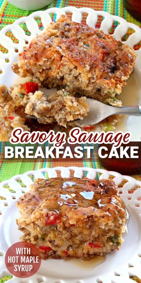 The original savory breakfast biscuit cake loaded with sausage, onions and peppers served with hot maple syrup perfect for brunch and breakfast buffets. Maple Sausage Recipes Dinner, Recipes With Maple Sausage, Sausage Onions And Peppers, Breakfast Sausage Links, Breakfast Casserole Bacon, Breakfast Sausage Recipes, Fried Breakfast, Breakfast Specials, Bisquick Recipes