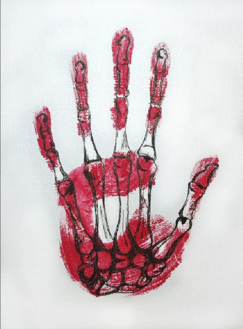 Painting Skeleton Hand, Hand Print Skeleton Painting, Hand Print Skeleton, Hand Print Drawing Ideas, Hand Print Art Aesthetic, Skeleton Hand Painting Canvas, Severed Hand Drawing, Handprint Aesthetic, Arm Doodles Aesthetic